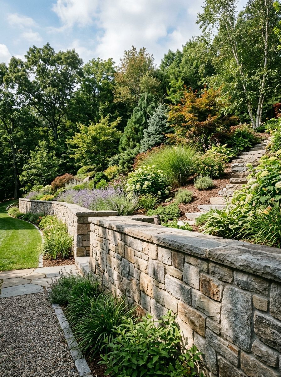 Stone retaining wall along a landscaped garden path with lush green shrubs and trees on a sunny hillside