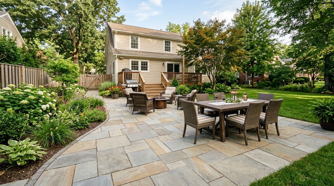 Stone patio with outdoor dining table and chairs in a landscaped backyard behind a house