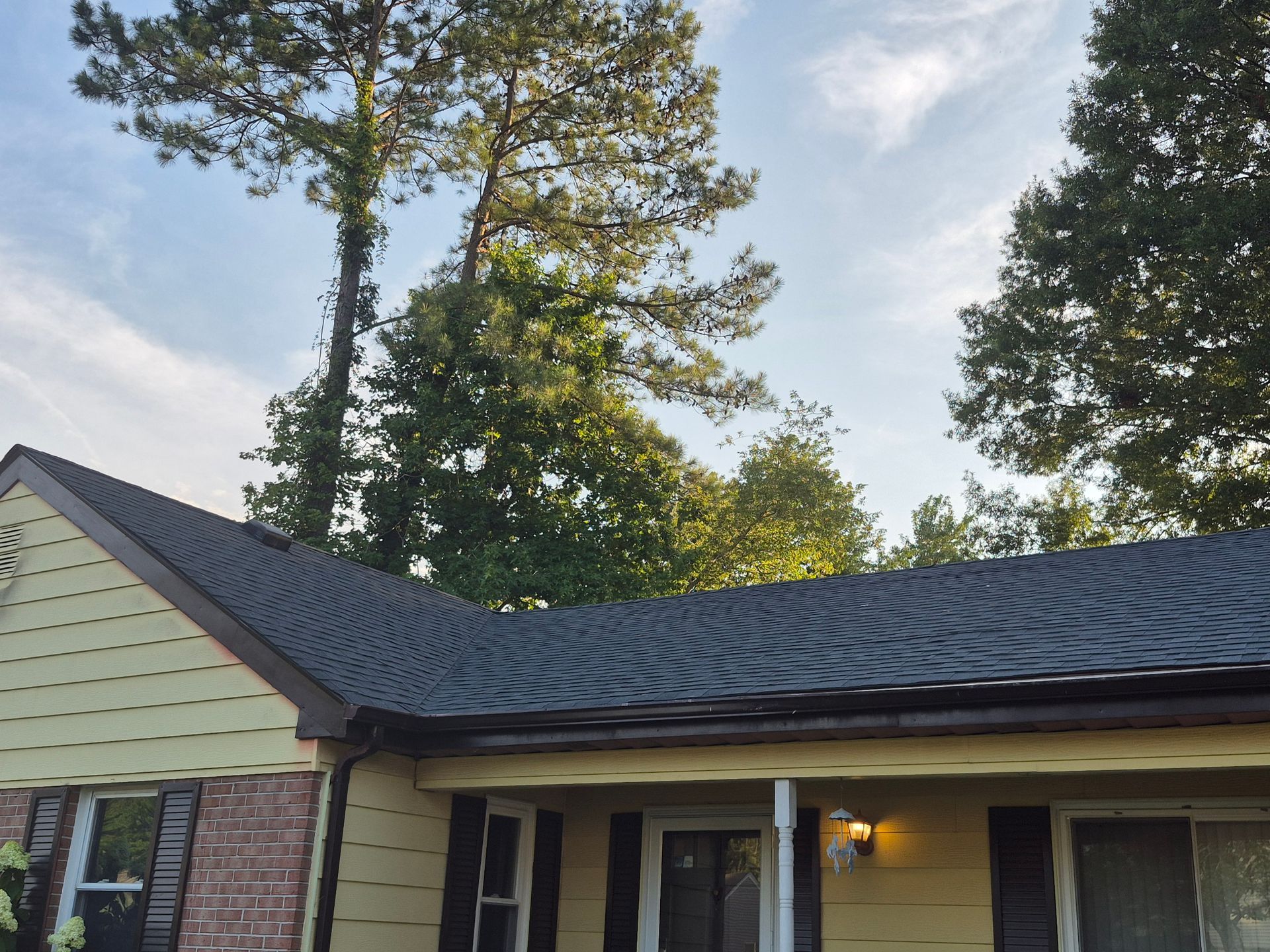 Suburban house exterior with brick siding, gray roof, and tall trees overhead