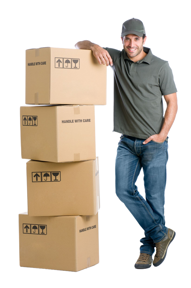Delivery person with boxes giving a thumbs up. Man wearing cap and grey uniform. White background. Delivery person with boxes giving a thumbs up. Man wearing cap and grey uniform. White background.