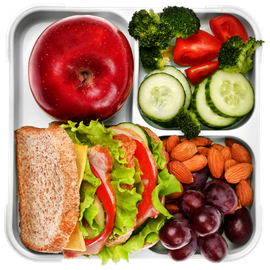A lunch box with a sandwich , apple , vegetables and nuts