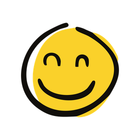 A yellow smiley face with a black circle around it on a white background.