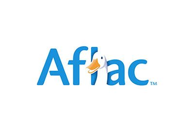 Aflac logo with a blue font and a white duck peeking through the letter 