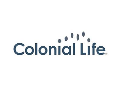 Colonial Life logo: Dark blue text with a stylized dotted design above 