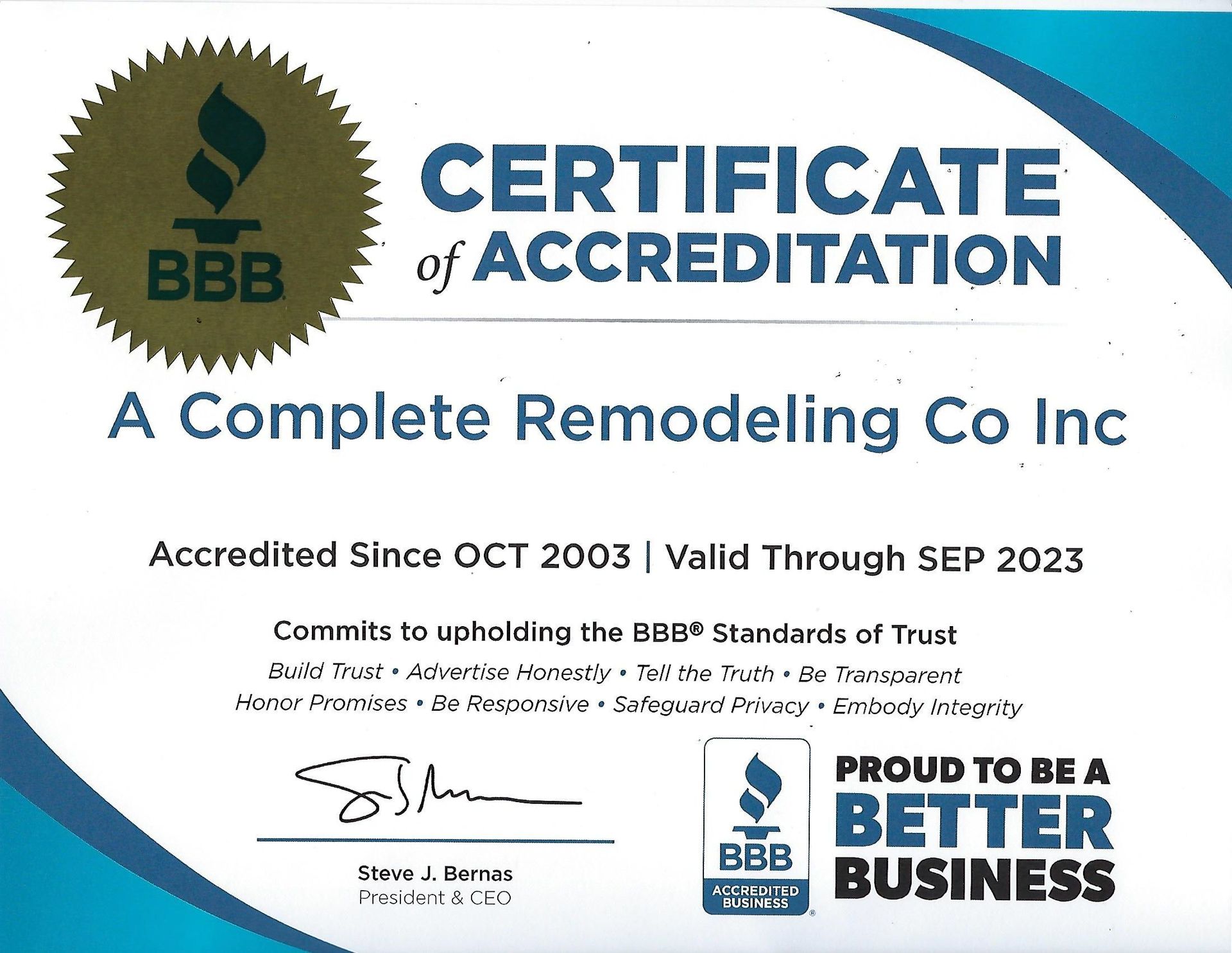 A certificate of accreditation for a complete remodeling co inc