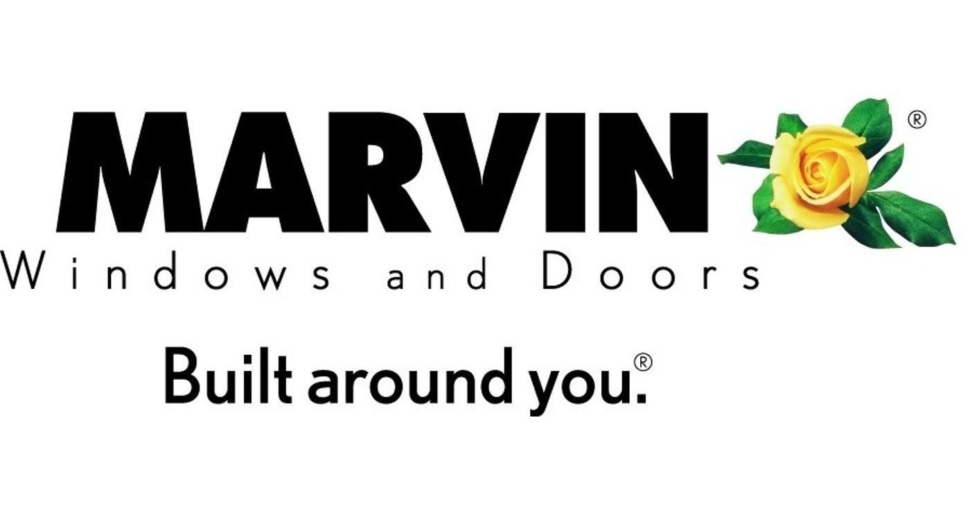 The logo for marvin windows and doors has a yellow rose on it.