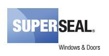The logo for super seal windows and doors is blue and white.