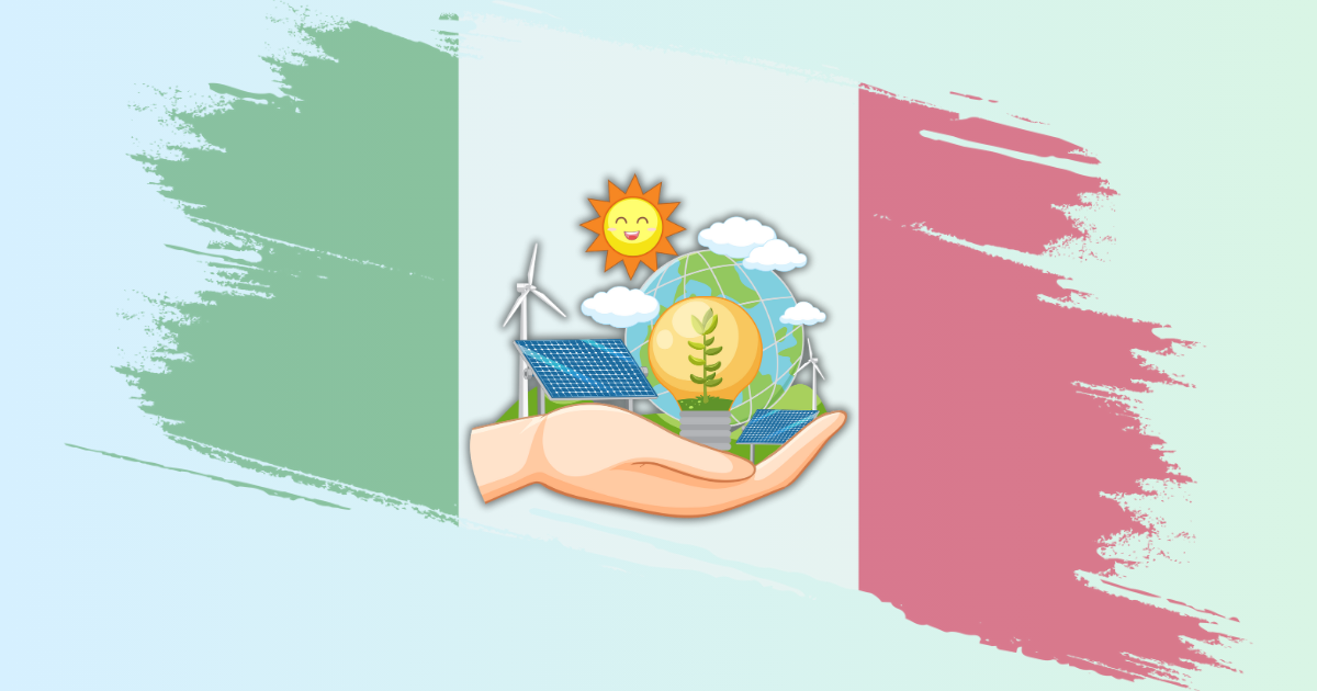 Mano che sostiene energia rinnovabile davanti alla bandiera italiana.

