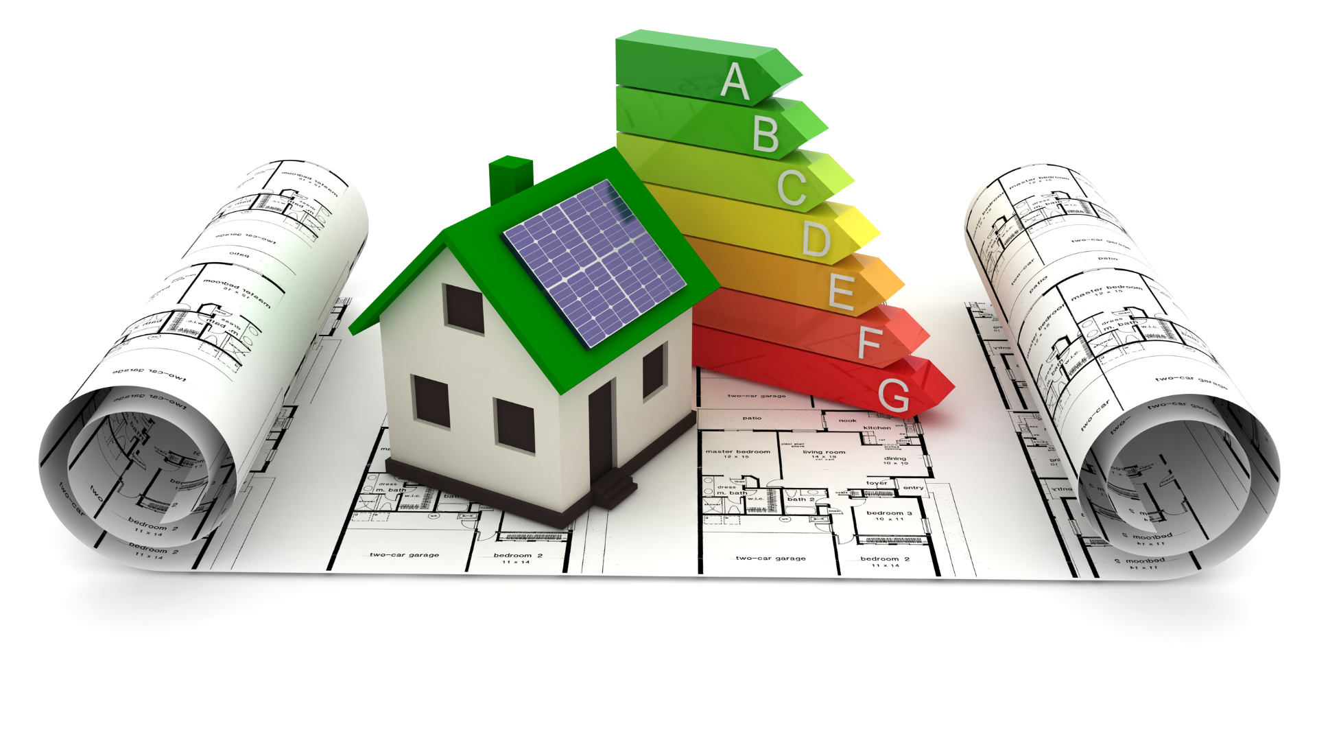 Modello di casa con pannello solare su planimetrie e scala di efficienza energetica da A a G