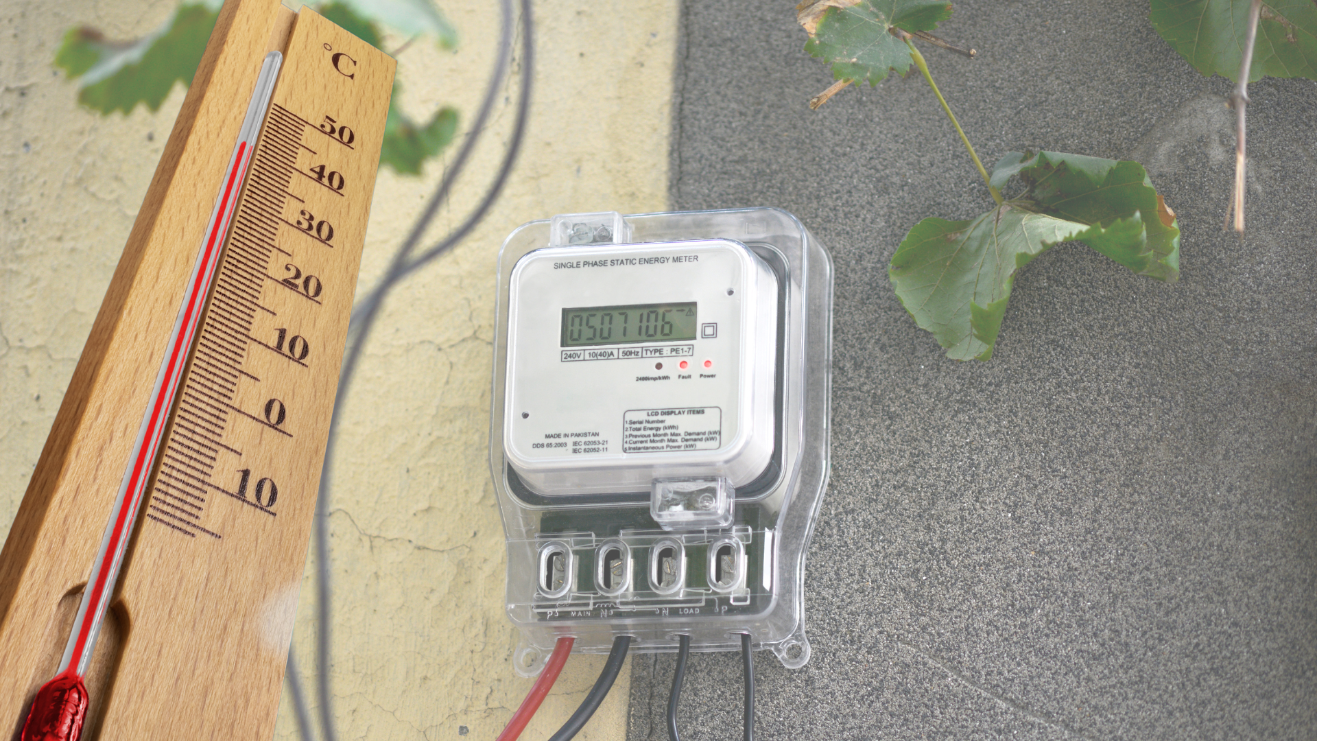Contatore elettrico esposto al sole con temperatura elevata: simbolo del sovraccarico degli impianti