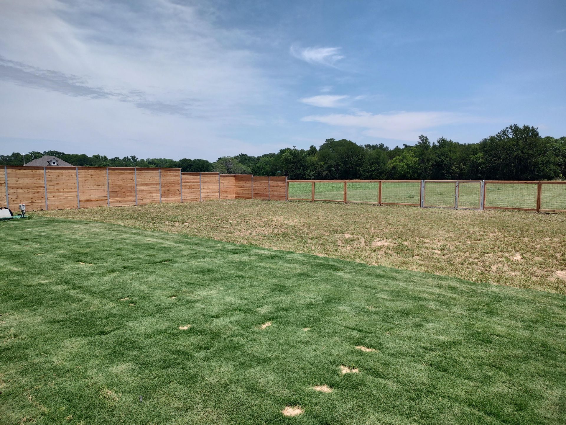 A large lush green field with a wooden fence in the background.