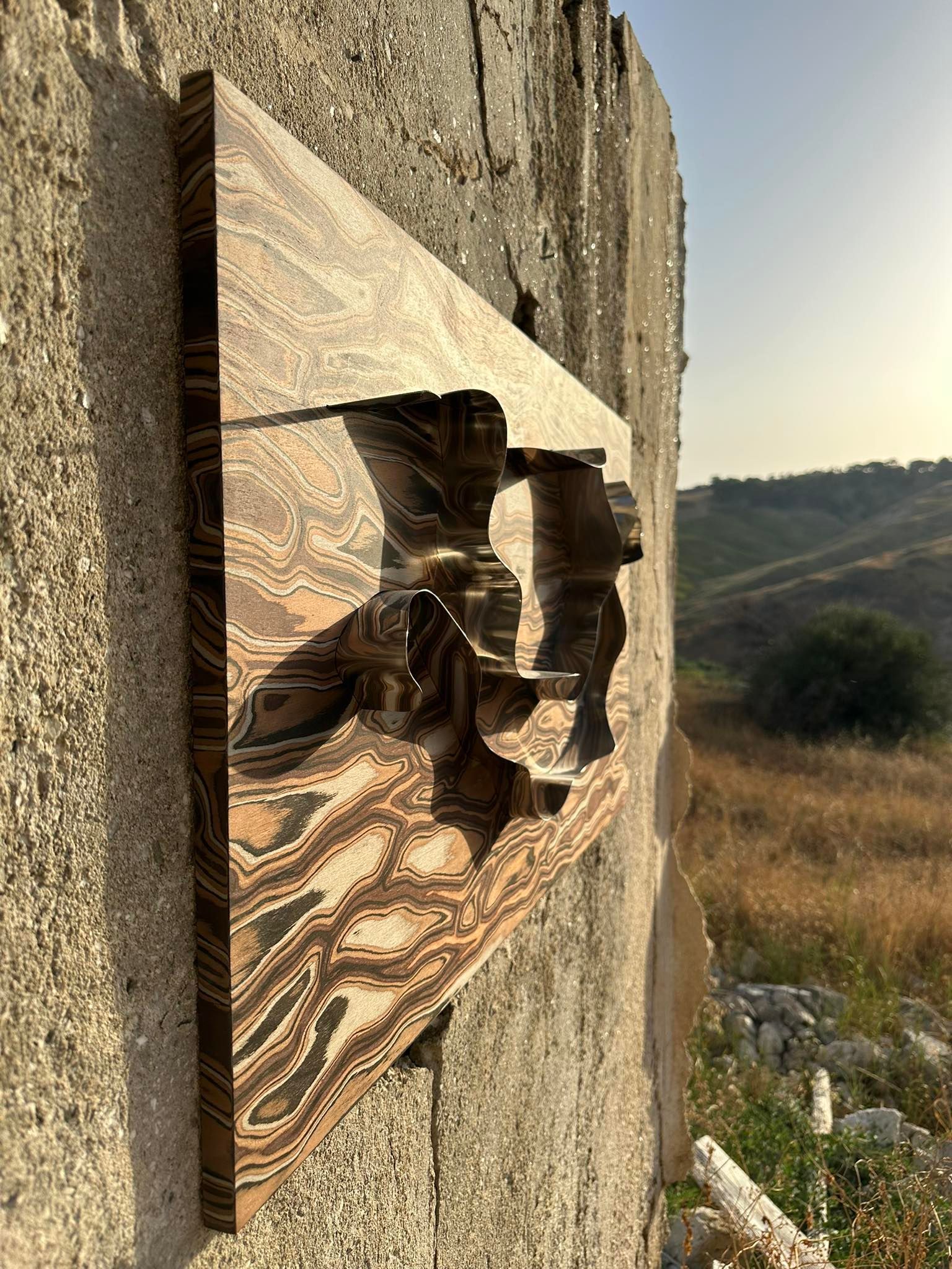 Scultura in rilievo in legno montata su un muro di cemento grezzo all'aperto; motivi marroni e beige.