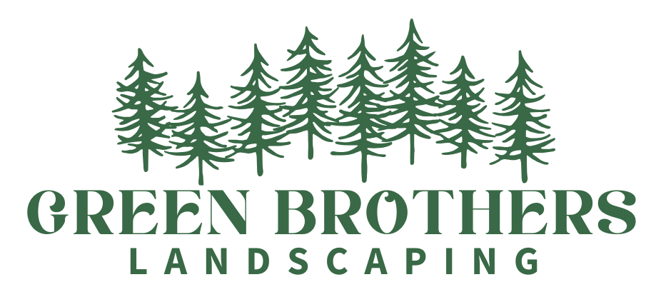 The logo for green brothers landscaping shows a row of pine trees.