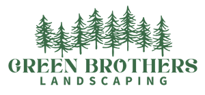 The logo for green brothers landscaping shows a row of pine trees.