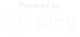 A white logo that says `` powered by zing '' on a white background.