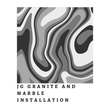Swirling grayscale marble pattern, JG Granite and Marble Installation text below.