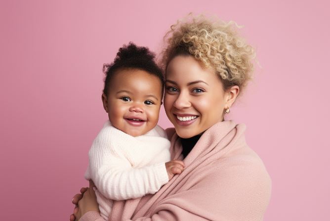 a woman is holding a baby in her arms on a pink background .