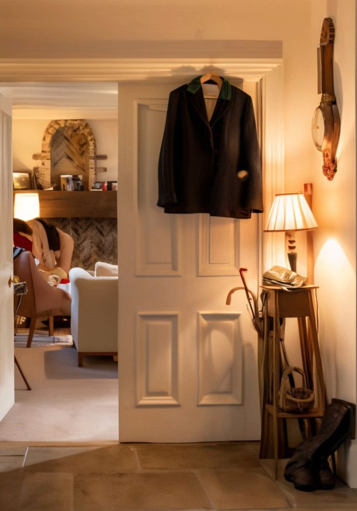 Hallway with open doorway to living room; jacket hanging on door, table with lamp.