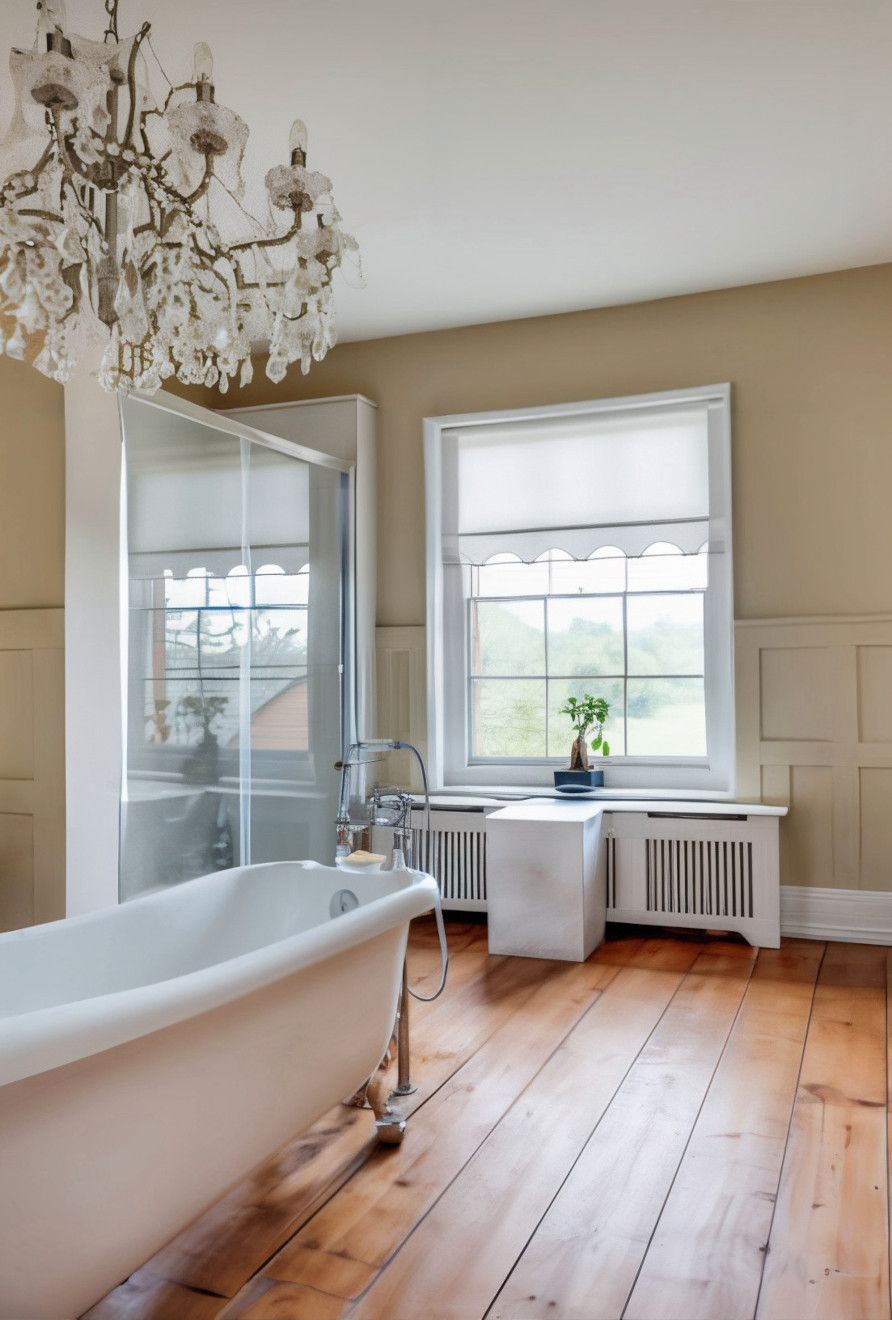 Bathroom with a white clawfoot tub, crystal chandelier, and large window. Wooden floors and beige walls.