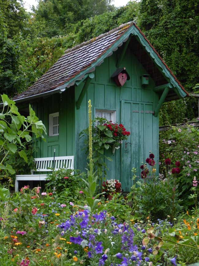 Lovely green garden shed in a Swansea garden, expertly painted by Daffodil Decor.