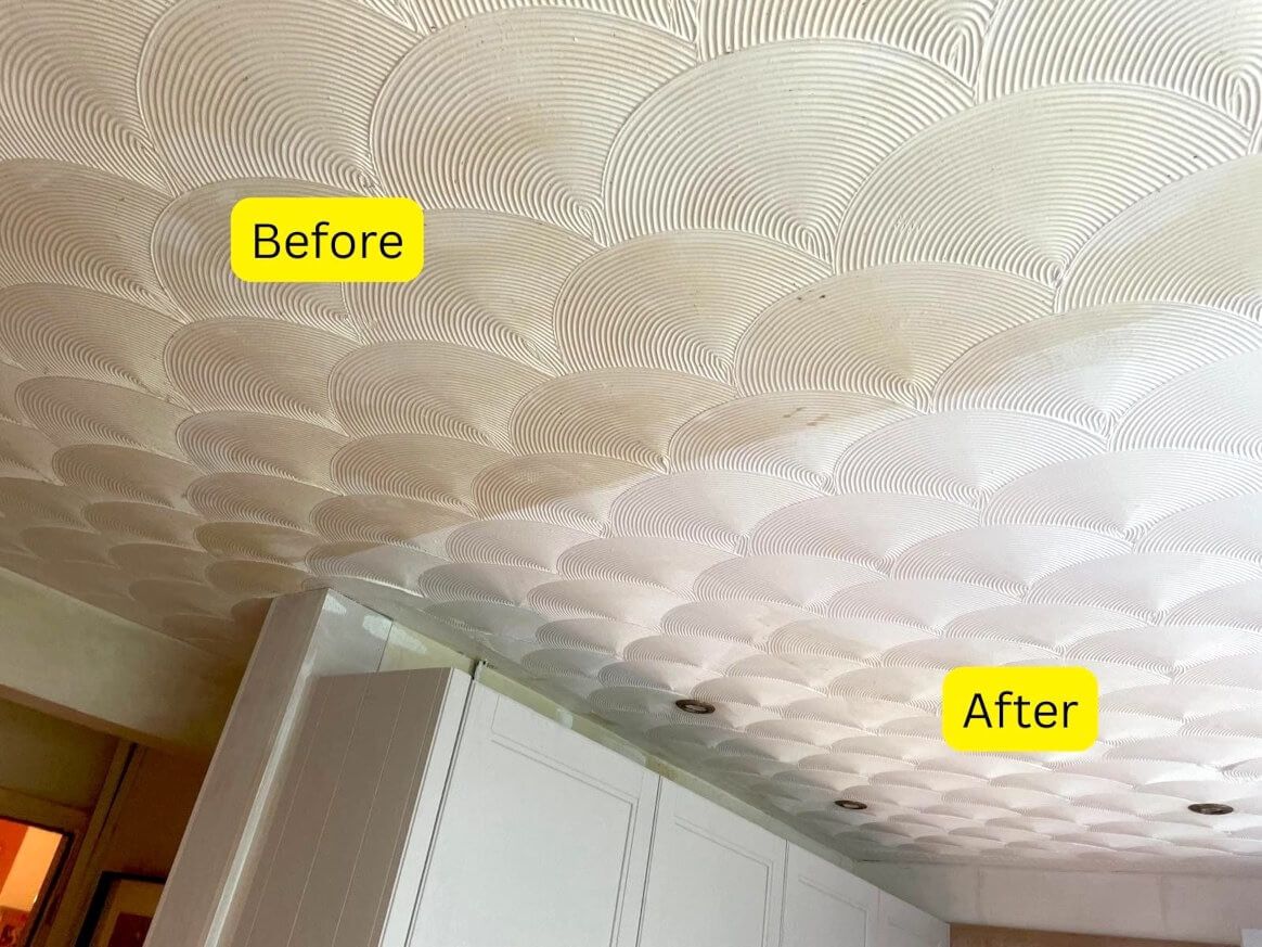 Before and after of ceiling painting in a Swansea home by Daffodil Decor.
