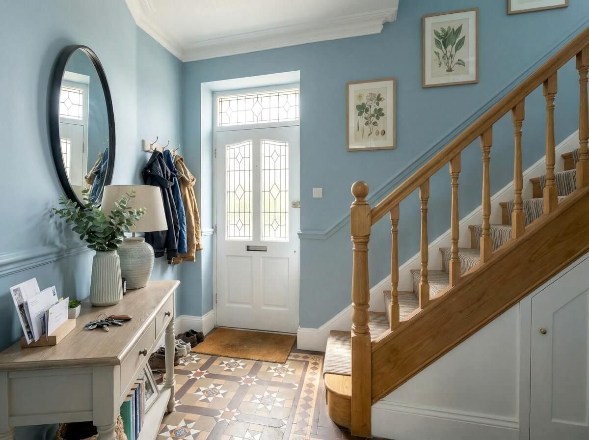 Staircase and hallway of Mumbles (Swansea) home with blue painted walls by Daffodil Decor.