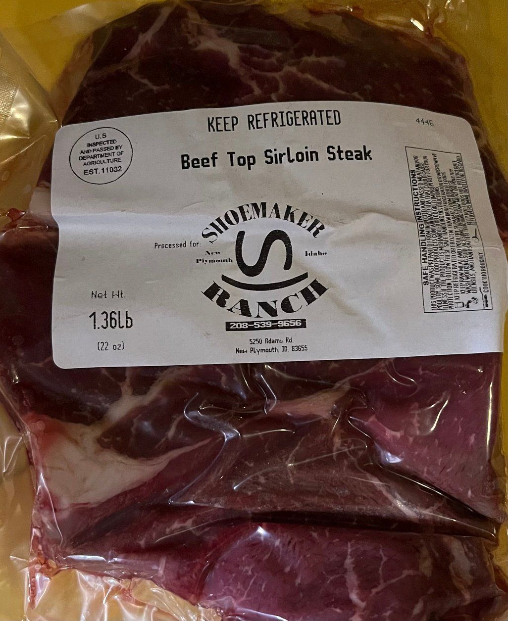 A bag of boot top sirloin steak from shoemaker ranch