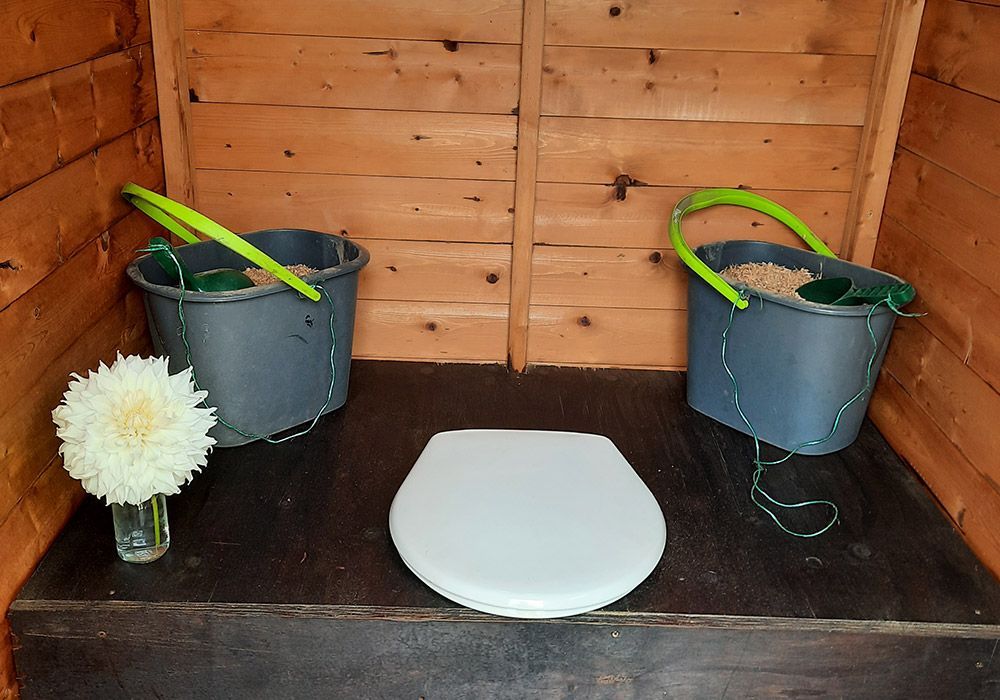 A composting toilet inside a wooden shed, with two buckets and a flower vase.