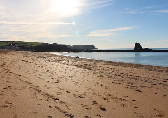 Sandy beach under a bright sun, calm water, and a rocky outcrop in the background.