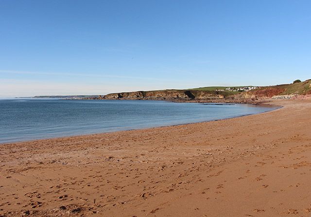 Sandy beach and calm blue ocean under a clear sky, with low cliffs in the background.