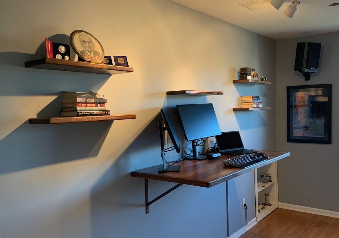 Walnut Floating Wood Shelves & Desk in Office