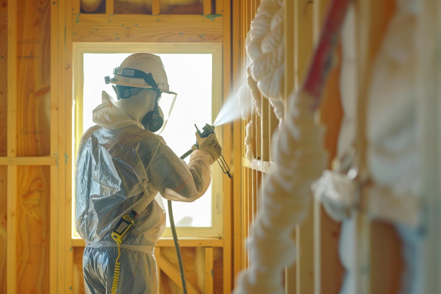 A man in a protective suit is spraying foam on a wall.