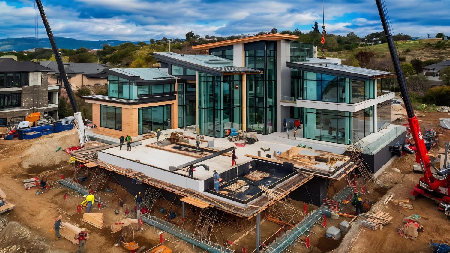 An aerial view of a large house under construction.