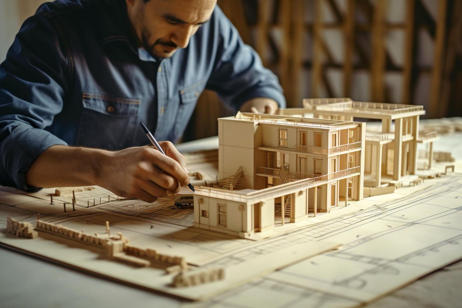 A man is working on a model of a building on a table.