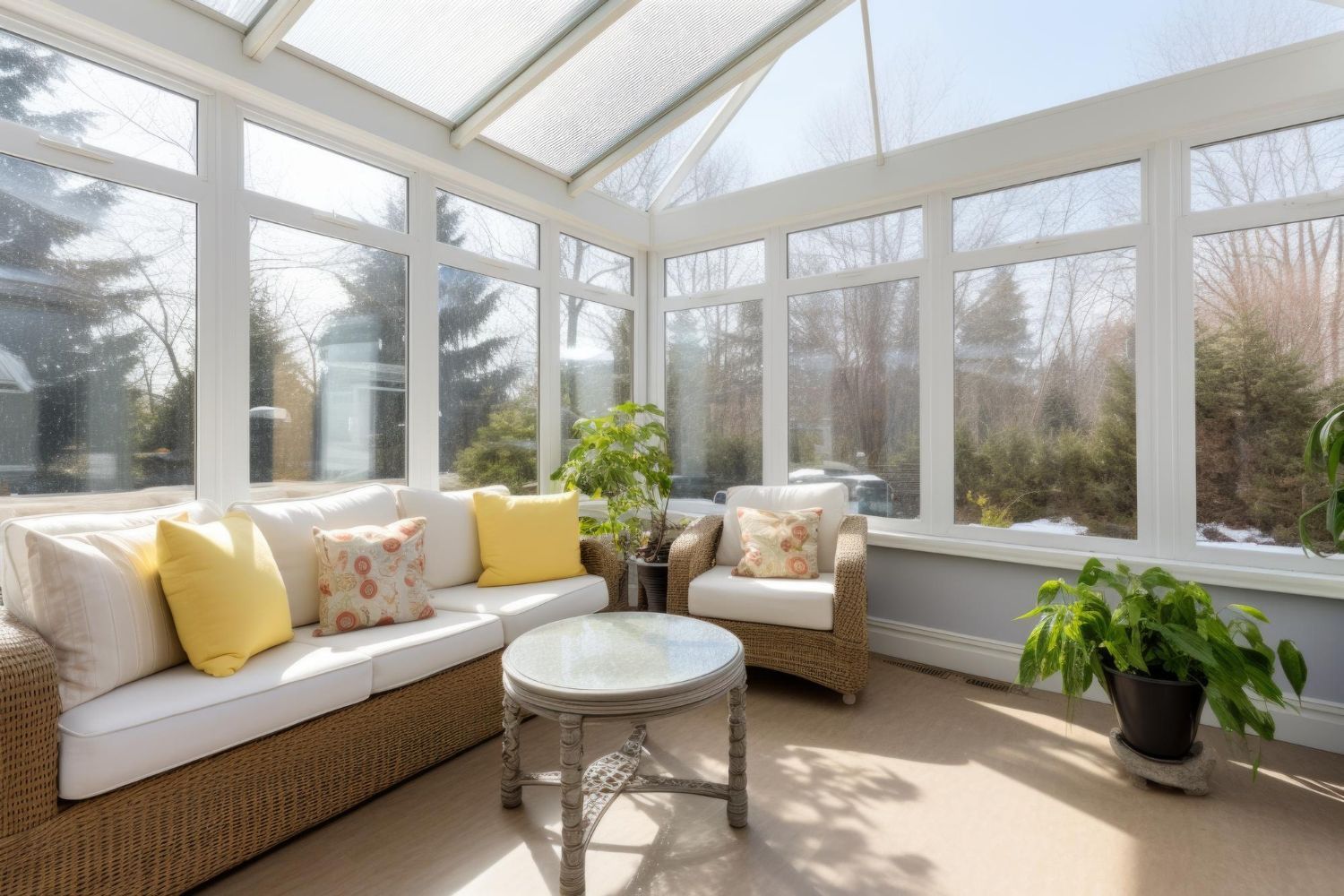 A sunroom with a couch , chairs , table and potted plants.