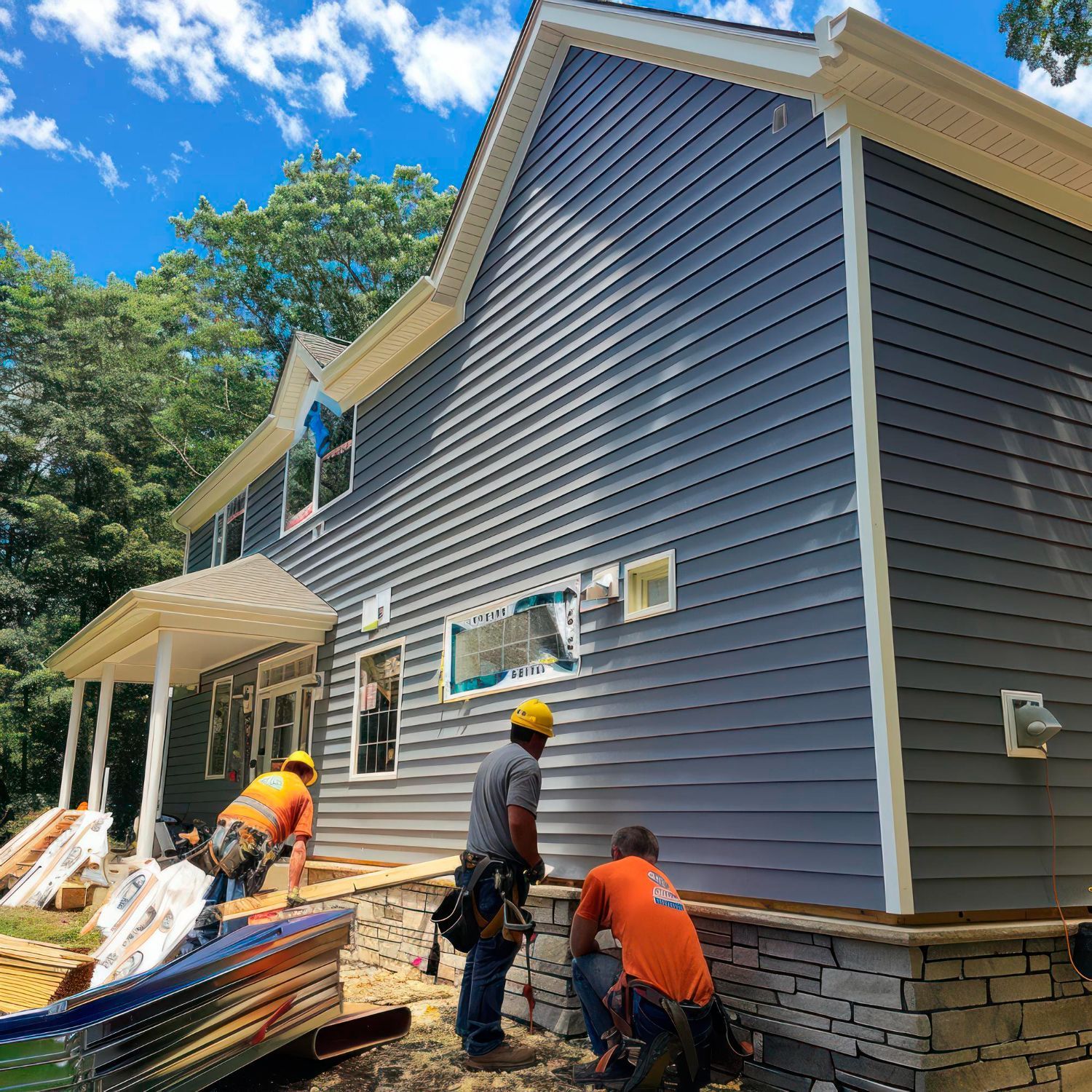 A group of men are working on the side of a house.