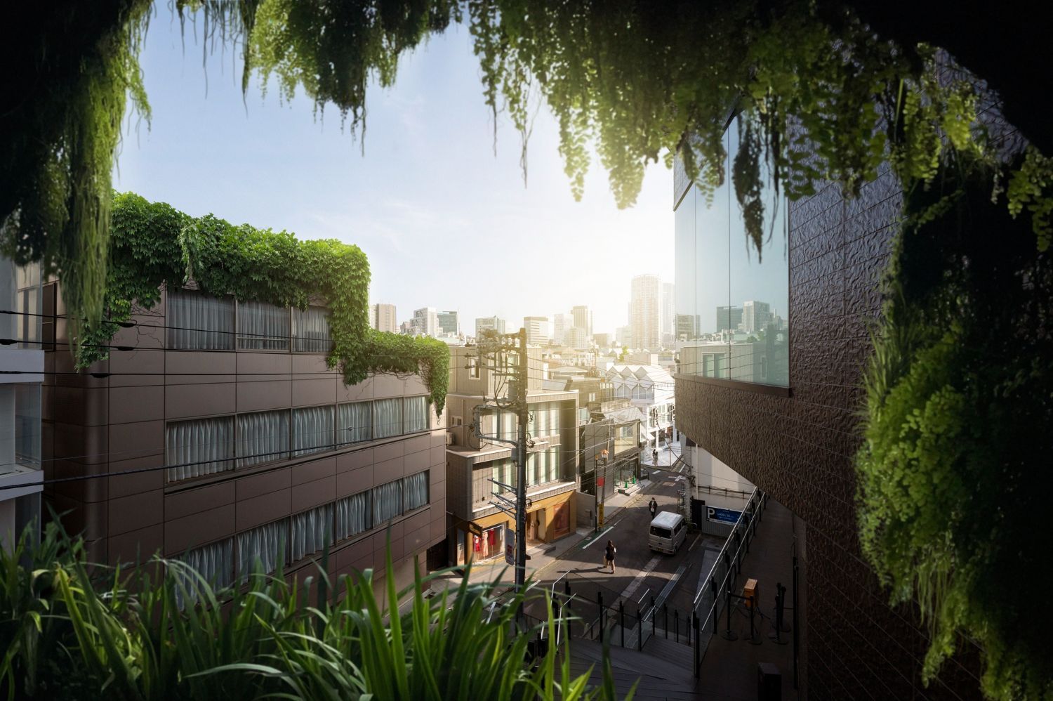 An artist 's impression of a building with a green roof and a view of a city.