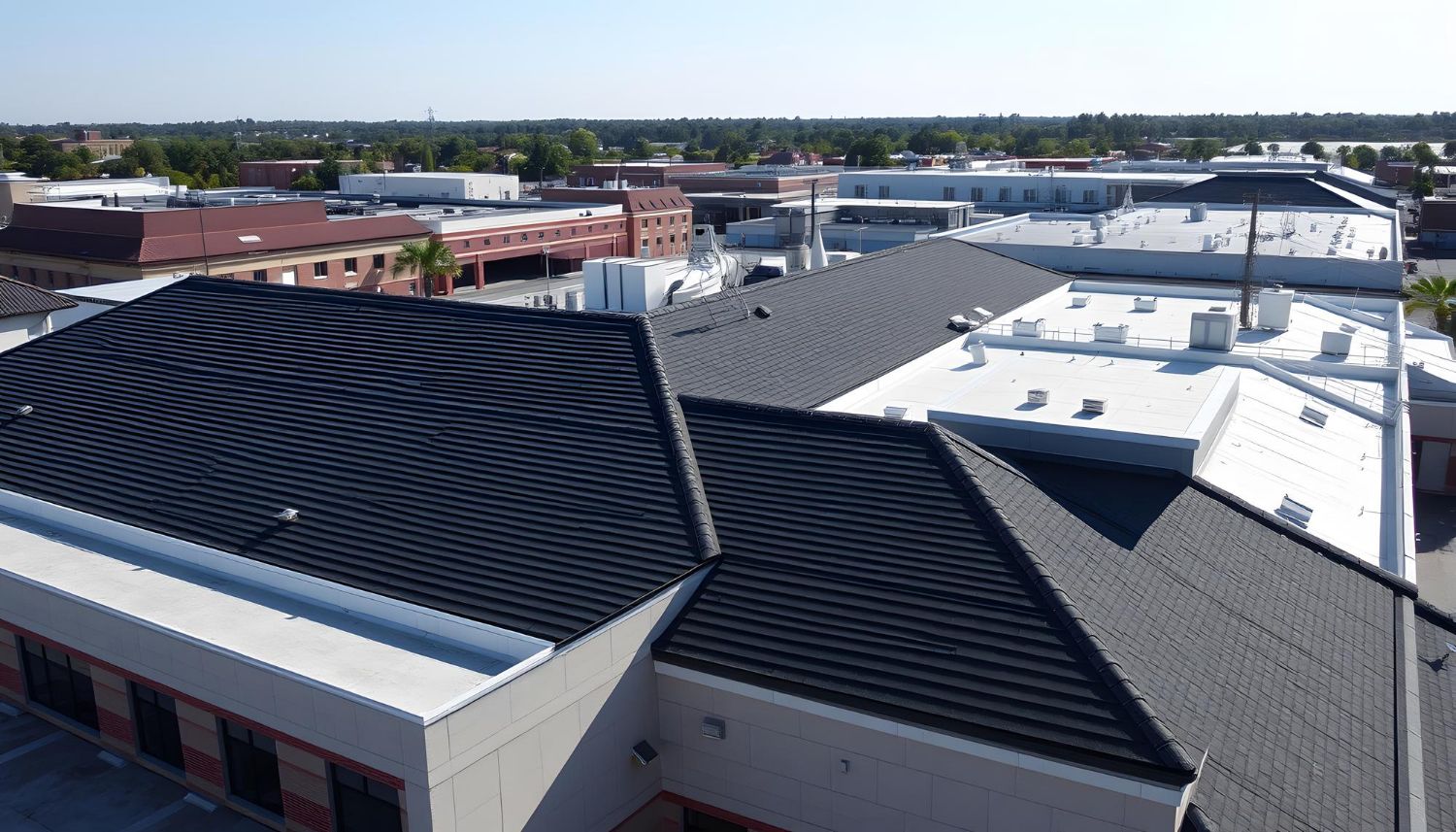 An aerial view of a building with a black roof