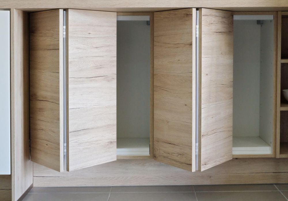 Open Light-wood Wardrobes With White Interior Shelves — ALUBEST Windows & Doors In Southport, QLD