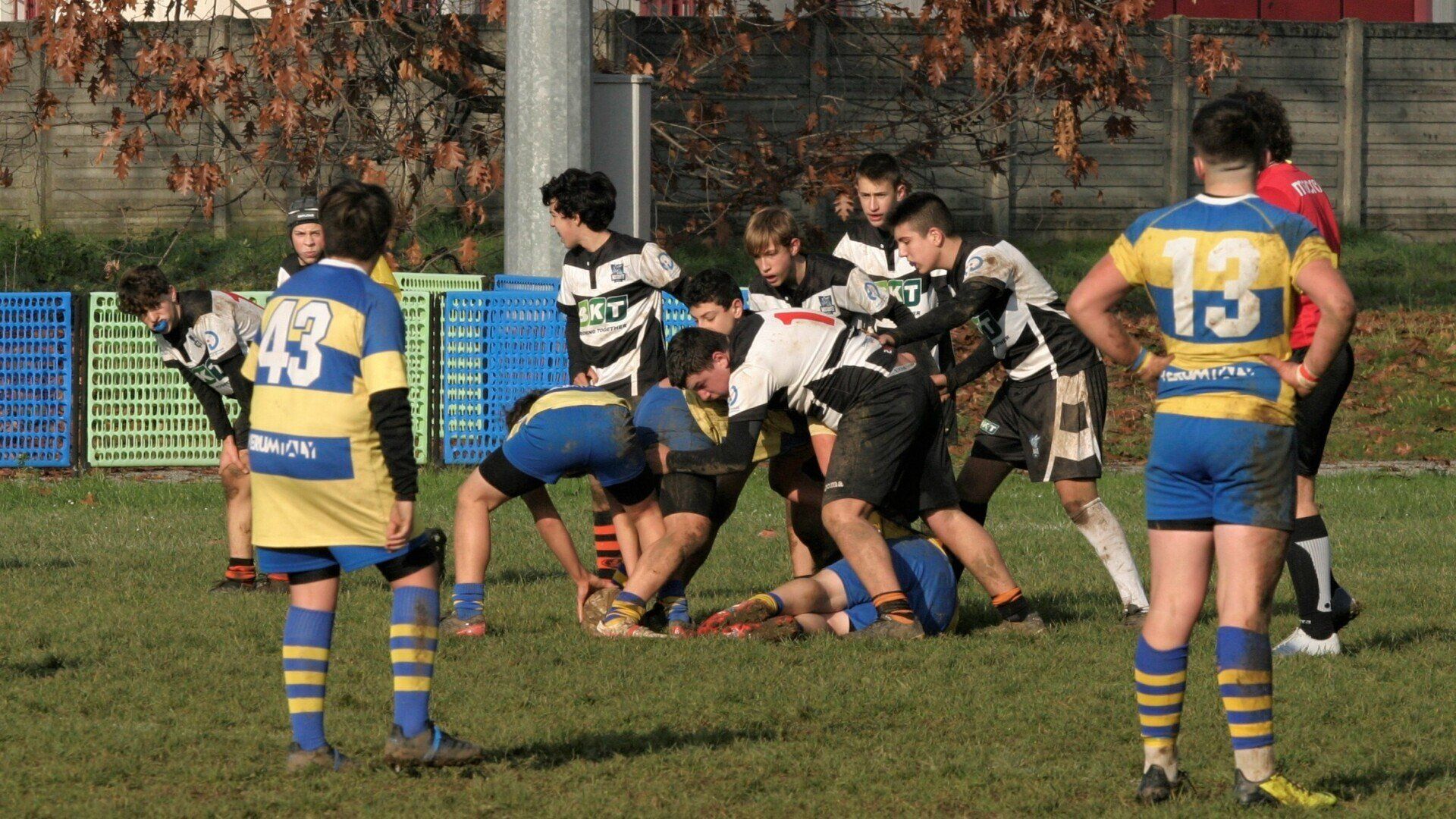 Un gruppo di ragazzi sta giocando a rugby su un campo.