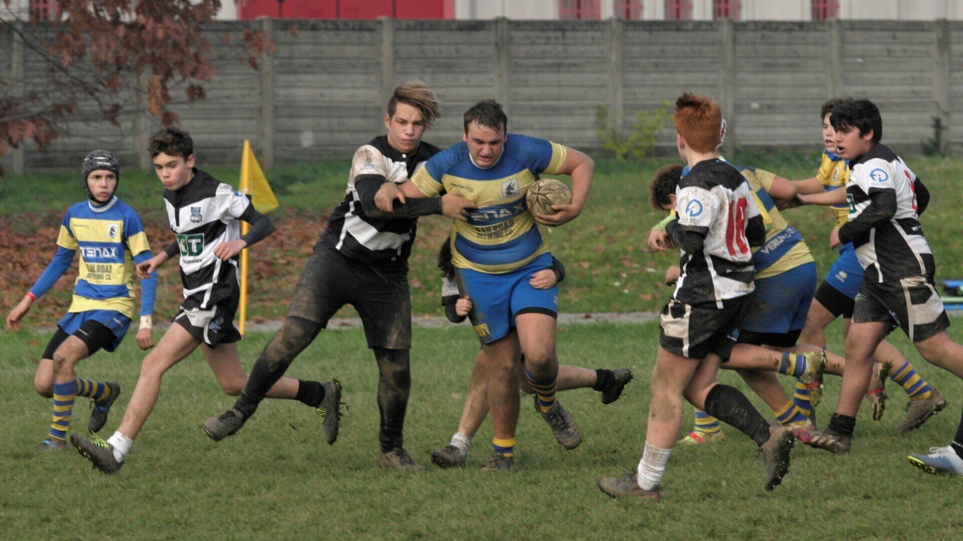 Un gruppo di giovani uomini sta giocando a rugby su un campo.