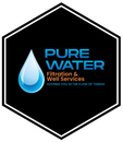 Logo for Pure Water, a water filtration service. Features a blue water drop, text, and a black hexagon border.