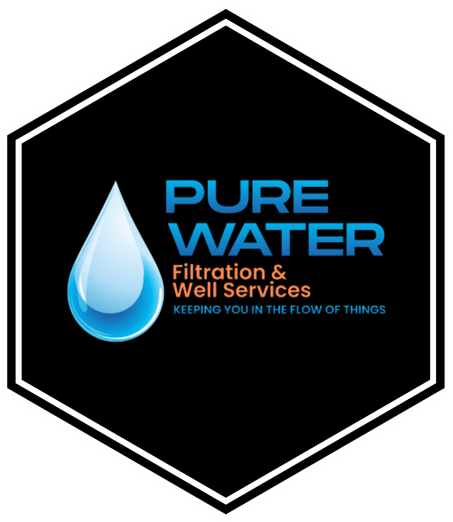 Logo for Pure Water, a water filtration service. Features a blue water drop, text, and a black hexagon border.
