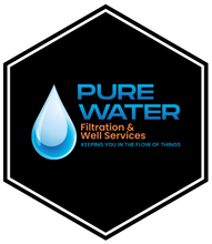 Logo for Pure Water, a water filtration service. Features a blue water drop, text, and a black hexagon border.