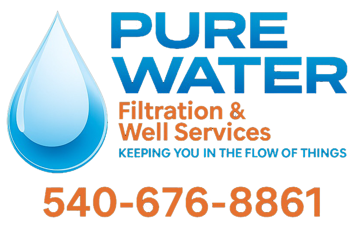Logo for Pure Water, a water filtration service. Features a blue water drop, text, and a black hexagon border.