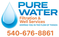Logo for Pure Water, a water filtration service. Features a blue water drop, text, and a black hexagon border.
