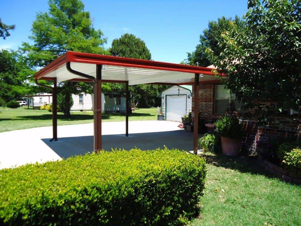 aluminum carport with red gutter