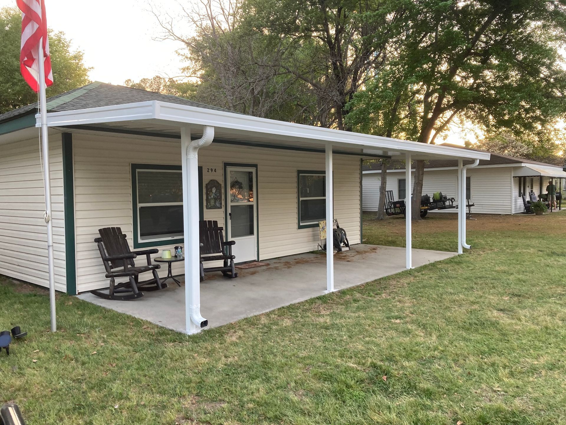 White aluminum patio cover awning