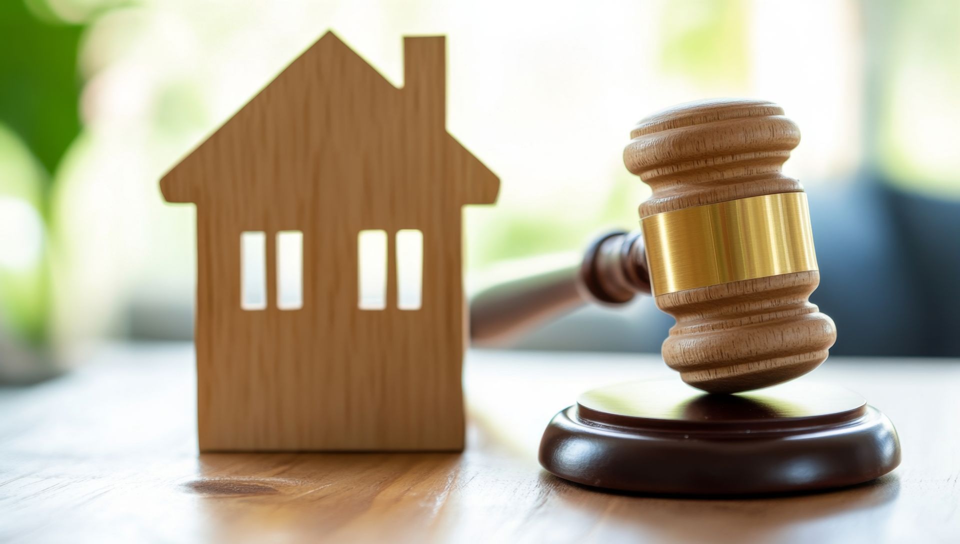 Wooden house cutout and gavel on a table, symbolizing a house auction.