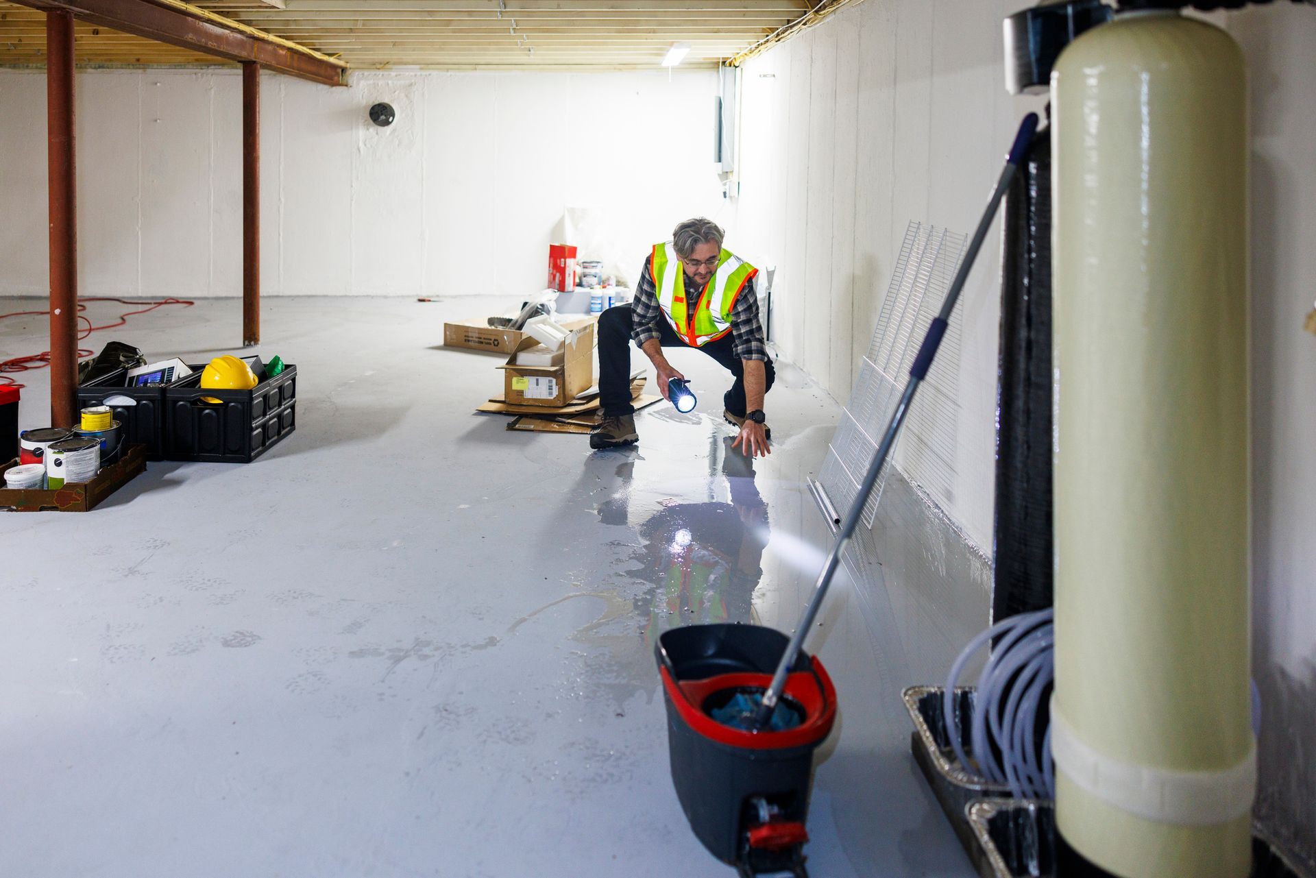 Person in safety vest mopping a light gray basement floor next to a water filtration system.